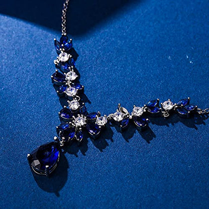 EleQueen Women's Wedding Bridal Jewelry Set for Brides Bridesmaids, Silver/14K Gold/Rose Gold Plated Cubic Zirconia Teardrop Necklace Dangle Earrings Bracelet Sets for Party Prom - color: 04-Sapphire Color-Necklace+Earrings+Bracelet