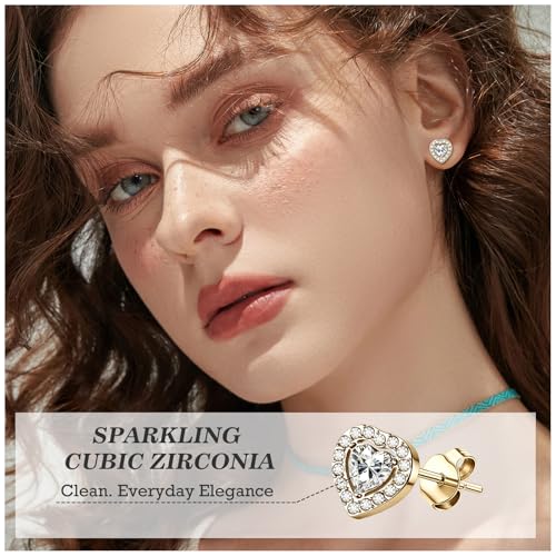 ONESING 6 Pairs Stud Earrings for Women 14K Gold/Silver Plated Hypoallergenic Cubic Zirconia Earrings Studs Stianless Round Square Heart CZ Stud Earrings Set for Women Men - color: Gold