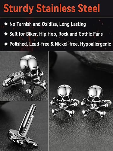 FaithHeart Mens Cufflinks, Norse Viking Tuxedo Shirt Cuff Links, Stainless Steel Cuff Links and Shirt Studs, Gift Box - style: 05. Skull Bones-Silver