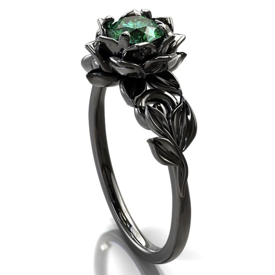 Cubic Zirconia Rings For Women, Gothic Ring Black Flower Crystal Stackable Trendy Floral Eternity Travel Engagement Statement Wedding Birthday Jewelry Gift - color: Goth Black Green