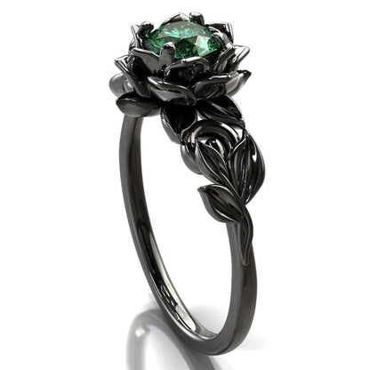 Cubic Zirconia Rings For Women, Gothic Ring Black Flower Crystal Stackable Trendy Floral Eternity Travel Engagement Statement Wedding Birthday Jewelry Gift - color: Goth Black Green