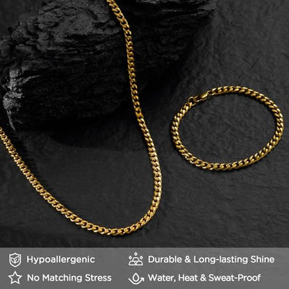 NORBU Stainless Steel Cuban Link Chain and Bracelet Set for Men, Chains 3.5mm/5mm/7mm Width, Bracelet 7 1/2" and 8" Length, No Tarnish & Durable Mens Jewelry - size: 20"Chain & 8"Bracelet, style: Cuban Set - 5mm