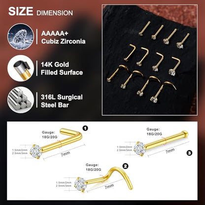 20G/18G Nose Studs Stainless Steel Nose Piercing Nose Ring Set I L S Shape Body Piercing Nose Hoop Ring for Women Men - color: D-12PC-Gold