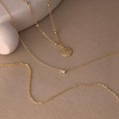 Ewrkbr Layered Necklaces for Women, Dainty Gold Necklace Stack 14k Gold Plated Layering Beaded Chain Choker Necklaces for Women Trendy Simple Disc Star Pendant Necklace Set Fashion Waterproof Jewelry - color: Gold-Wave