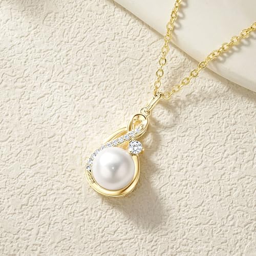 Freshwater Pearl Necklace for Women | 14K Gold Plated Infinity Pendant Fine Jewelry | Dainty Everyday Layering Chain with Lobster Clasp - color: Gold Moissanite