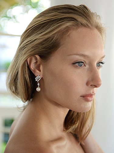 Mariell Pearl Clip-On Wedding Bridal Earrings, Cubic Zirconia Pearl Drop Earrings for Brides, Bridesmaid,