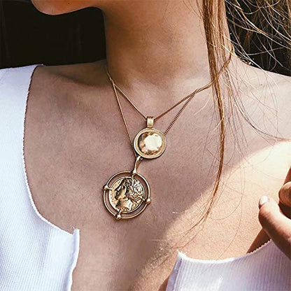 Doubnine Boho Layered Necklace Gold Medallion Coin Saint Charm Jewelry Retro Accessories for Women