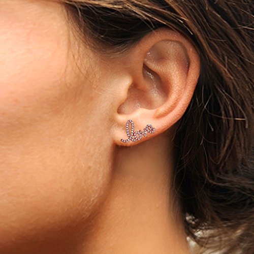 Hoops & Loops 925 Sterling Silver Cubic Zirconia Heart Stud & LOVE Climber Crawler Earrings Set for Women, 2 Pairs Silver, Yellow & Rose Gold - color: Rose Gold