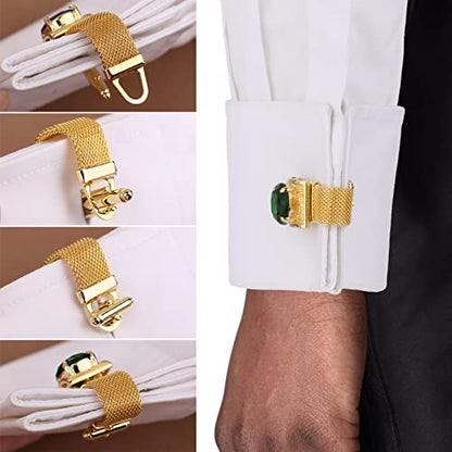 HAWSON Mens Cufflinks with Chain - Stone and Shiny Gold Tone Shirt Accessories - Party Gifts for Young Men - color: 24K Gold Color+Green Crystal