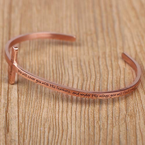 𝐂𝐫𝐨𝐬𝐬 𝐁𝐫𝐚𝐜𝐞𝐥𝐞𝐭 Religious Cuff Bangle 𝐁𝐢𝐛𝐥𝐞 𝐕𝐞𝐫𝐬𝐞 Christian Gifts Jewelry for 𝐖𝐨𝐦𝐞𝐧 - style: He will cover you with his feathers,and under his wings you will find refuge -Psalm 91:4