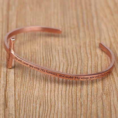 𝐂𝐫𝐨𝐬𝐬 𝐁𝐫𝐚𝐜𝐞𝐥𝐞𝐭 Religious Cuff Bangle 𝐁𝐢𝐛𝐥𝐞 𝐕𝐞𝐫𝐬𝐞 Christian Gifts Jewelry for 𝐖𝐨𝐦𝐞𝐧 - style: He will cover you with his feathers,and under his wings you will find refuge -Psalm 91:4