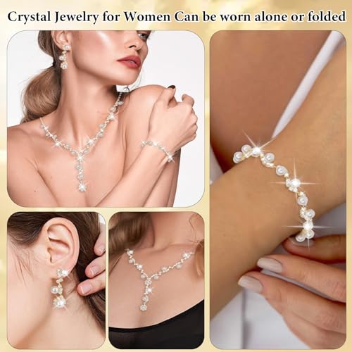 CAVETEE Jewelry Set - Prom Jewelry Crystal Bridal Necklace, Bracelet & Pendant Earring Jewelry Set for Women - style: Flower Pearl
