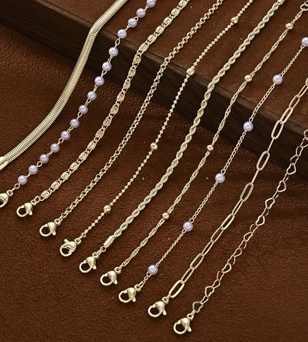 10 Pcs Gold Bracelets for Women, 14K Gold Plated Stackable Cuban Link Paperclip Chain Bracelet Set, Dainty Gold Bracelets Stack Jewelry - color: Gold-pearl