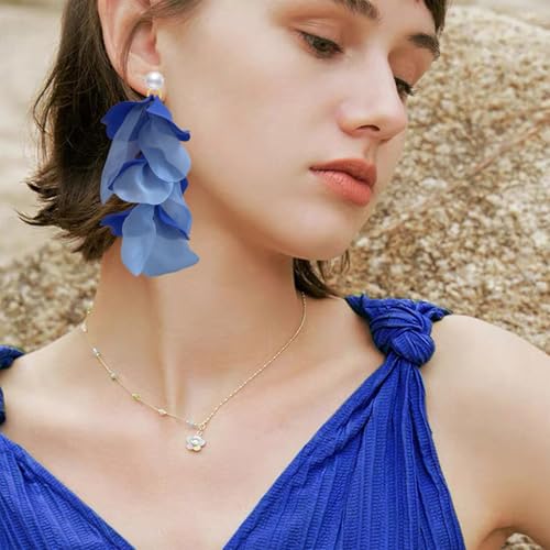 Handmade Bohemian Lightweight Fabric Flower Dangle Drop Earrings Chic Pearl Large Tassel Petal Stud Earrings For Women - color: Blue