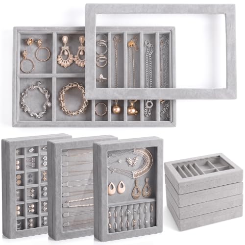 SiliFine Set of 4 Large Stackable Velvet Jewelry Trays with 4 Lids,Gray - color: Gray