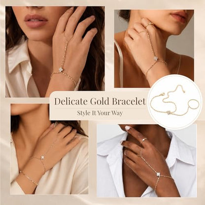 14K Gold Hand Chain Ring Bracelet-SM - style: Clover CZ