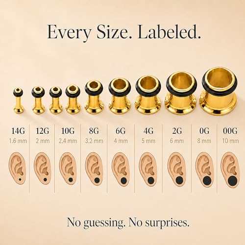 BodyJ4You 36PC Ear Stretching Kit - Complete Beginner Set 14G-00G | Gauges for Ears Stainless Steel Tapers Single Flare Plugs Tunnels - Dead Stretching Lobe Men Women Expander - color: Goldtone, Single Flare