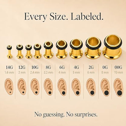 BodyJ4You 36PC Ear Stretching Kit - Complete Beginner Set 14G-00G | Gauges for Ears Stainless Steel Tapers Single Flare Plugs Tunnels - Dead Stretching Lobe Men Women Expander - color: Goldtone, Single Flare