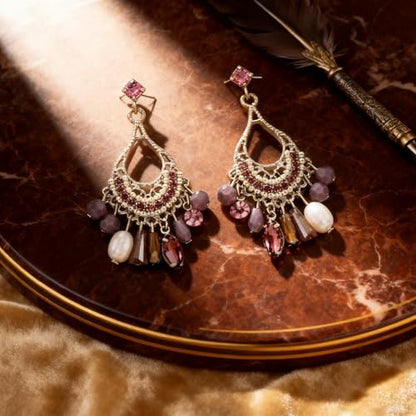 Fringe Dangling Tassel Earrings for Women, Handcrafted Chandelier Long Bohemian Beaded Cubic Zirconia Crystal Imitation Pearls Inlay Statement Boho Chain Hook Earrings for Wedding Party - color: Gold Teardrop Purple Crystal