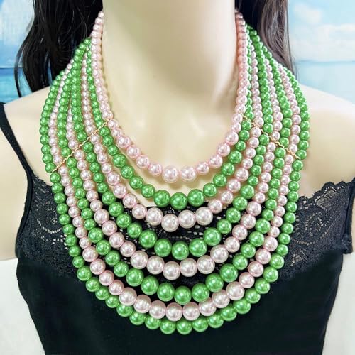 Multilayer Strand Chain Faux Pearls Flapper Beads Cluster Long Choker Necklace - color: Pink Green Necklace（Mix Random）
