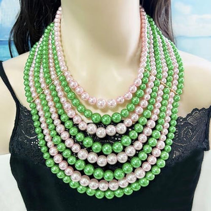 Multilayer Strand Chain Faux Pearls Flapper Beads Cluster Long Choker Necklace - color: Pink Green Necklace（Mix Random）