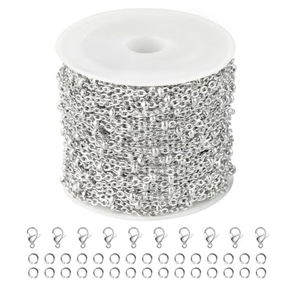 Kyutong Silver Cable Chain Spool 304 Stainless Steel Chains Link for Crafts | 32.8 Feet Small Beaded Chains for Jewelry Making Silver Bulk Chain for Women Men DIY Necklace Bracelet Earrings - color: Cross Bead Silver