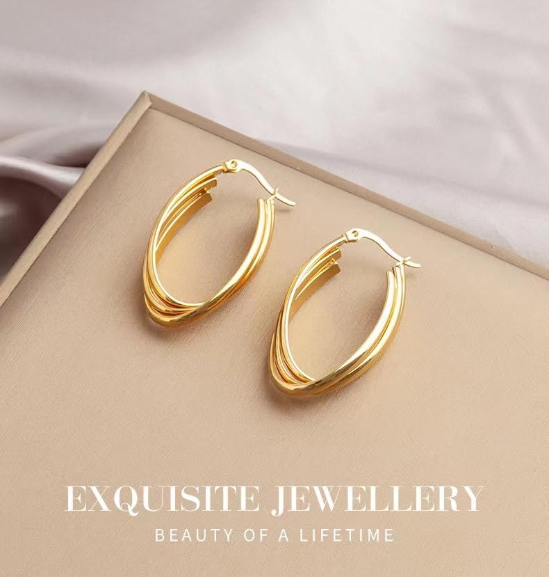 2 Pairs Gold/Silver Hoop Earrings For Women Set Trendy,14K Plated Gold Chunky Huggie Hoop Earings Pack,Oval Twisted Statement Silver Hoops,Fashion Jewelry Gift - color: 8) twist oval hoop