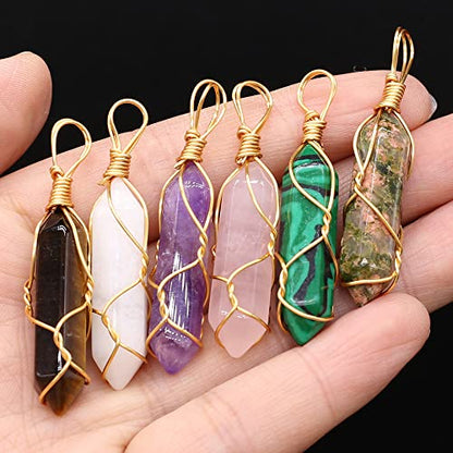 LE SKY 12 Pcs Natural Stone Pendants Hexagonal Pointed Chakra Stone Pendants Wire Knitting Crystal Beads for Jewelry Making Necklace
