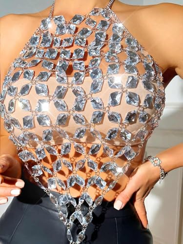 Aukmla Crystal Bra Body Chain Top Silver Rhinestones Halter Crop Tops Beach Bikini Chest Chains Body Jewelry for Women - style: Silver