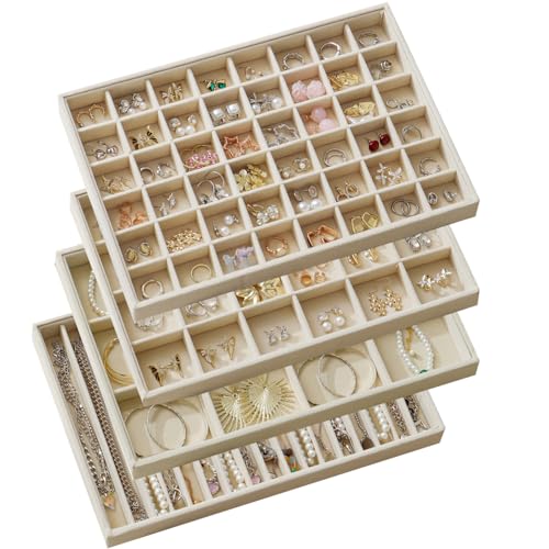 Large Jewelry Drawer Organizer Trays Set of 4, Stackable Velvet Jewelry Trays Organizer Holder Display Storage Showcase for Earring Necklace Bracelet Ring Accessary (Beige, 12+17+24+48 Grids) - color: Beige, size: 12+17+24+48 Grids