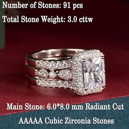 Newshe Jewellery Moissanite Wedding Sets for Women 925 Sterling Silver Engagement Rings Set Radiant Bridal Band Enhancer Size - color: Cubic Zirconia-Silver