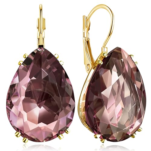 14K Gold Teardrop Crystal Leverback Earrings Sparkly Rhinestone Water Droplet Dangle Drop Earrings For Women - color: Wine Red