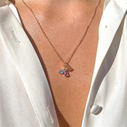925 Sterling Silver Necklace for Women Trendy, Charming Layered Necklace with Cubic Zirconia Pendant for Her Womens Dainty Diamond Choker Necklaces Holiday Jewelry Gifts for Mom Wife Daughter Lover - color: Butterfly-Rosegold02