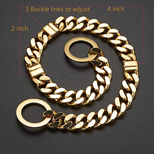 Adjustable 18K Gold Dog Collar Slip Choker Stianless Steel 15mm Big Dog Puppy Necklace Choke Chain Training Collar Cuban Link with Engraving Custom L - size: XL