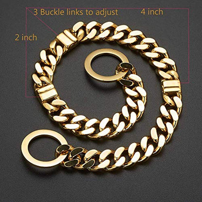 Adjustable 18K Gold Dog Collar Slip Choker Stianless Steel 15mm Big Dog Puppy Necklace Choke Chain Training Collar Cuban Link with Engraving Custom L - size: XL