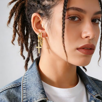 YOQUCOL Gold Plated Y2K Clip On Hoop Earrings for Women,Sweet Cool Edgy Trendy Layered Hoop with Tassel Chain Dangle, Non Pierced Jewelry Gifts - color: Cross