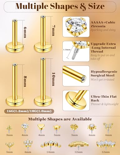 12Pcs 16G/18G Flat Back Cartilage Stud Earrings 18K Gold Plated Helix Stud Earrings for Women 316L Surgical Steel Internally Thread Hypoallergenic Labret Tragus Conch Lip Piercing Jewelry - color: Gold, size: 18G(1.0mm)