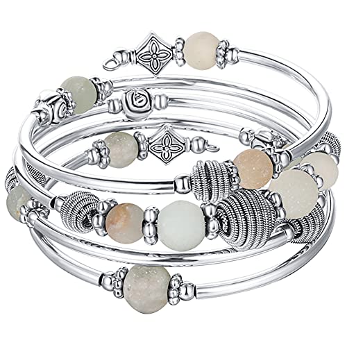 PEARL&CLUB Beaded Chakra Bangle Turquoise Bracelet - Fashion Jewelry Wrap Bracelet with Thick Silver Metal and Mala Beads, Birthday Gifts For Women - color: Green