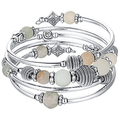 PEARL&CLUB Beaded Chakra Bangle Turquoise Bracelet - Fashion Jewelry Wrap Bracelet with Thick Silver Metal and Mala Beads, Birthday Gifts For Women - color: Green