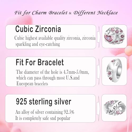 MICOO 925 Sterling Silver Jan-Dec Birthstone Charms For Bracelets and Necklaces, Original DIY Bead Charms With Cubic Zirconias Jewelry Birthday Gifts For Women. - color: 6-June Birthstone charm
