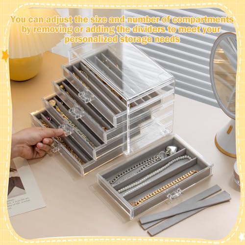 SPAKOWN Necklace Organizer Box with 5 Drawers 30 Compartments | Dustproof Velvet Necklace Tray Acrylic Necklaces Display Case Pendant Chains Storage Tray Gift for Women and Girls (Grey) - color: Grey