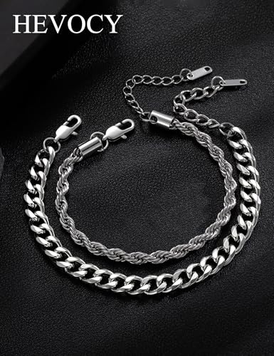 Silver Bracelet Set for Men, Figaro and Cable Link Chain | Stainless steel Figaro and cable link bracelets for stacking, daily wear, and gifts - color: Style2-8 inch