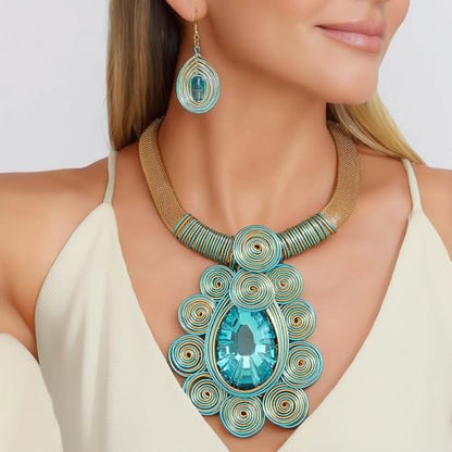 African Jewelry Sets Statement Big Crystal Pendent Necklace Earrings Set For Women Handmade Bib Collar Costume Tribal Fashion Accessories - color: KDLUN5305 Sky Blue