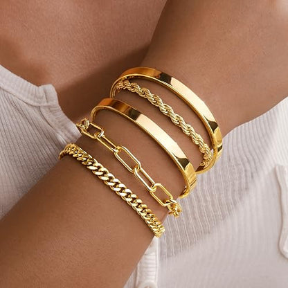 Gokeey Gold Bracelets Set for Women Non Tarnish, Waterproof 14K Gold Plated Sterling Silver Chunky Cuff Bracelet Stackable Gold Bangles Bracelet for Women Trendy Fashion Accessories Tie Knot Cuban Rope Paperclip Beaded Bracelet Stack Jewelry Mothers Day G