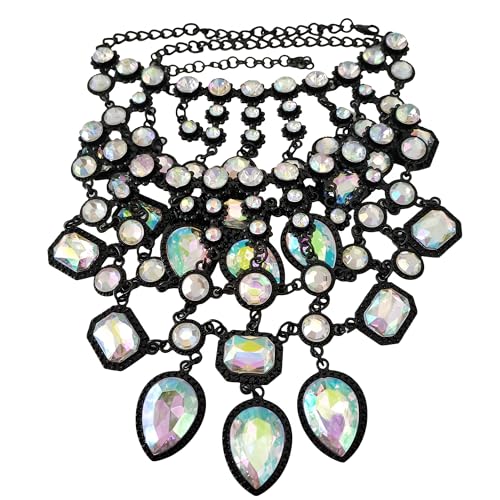 925 Sterling Silver Bib Jewelry Sets For Women - ZA Indian Ethnic Round Water Drop Crystal Tassel Necklace Earrings Jewelry Sets Statement Large, Chunky Rhinestone Necklace - color: AB Color - Bib Necklace