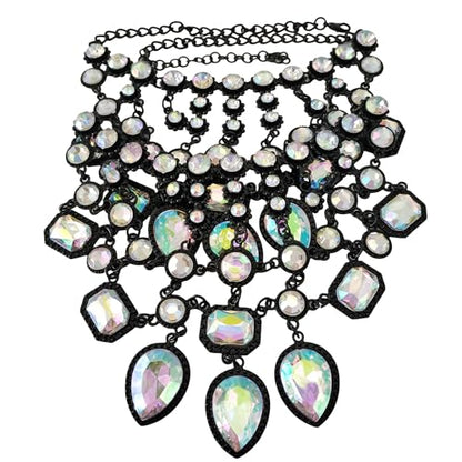 925 Sterling Silver Bib Jewelry Sets For Women - ZA Indian Ethnic Round Water Drop Crystal Tassel Necklace Earrings Jewelry Sets Statement Large, Chunky Rhinestone Necklace - color: AB Color - Bib Necklace