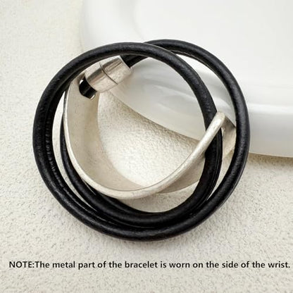 Leather Wrap Bracelet for Women Bangle Bracelet Handmade Bohemian Bangle Bold Statement Leather Bracelet for Women Trendy - style: Black Leather Wrap Bracelet