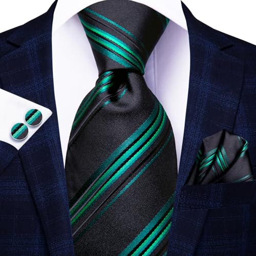 Hi-Tie Men's Silk Ties Formal Woven Classic Necktie Pocket Square Cufflinks Lapel Pin Set Wedding Business - color: A Black and Green
