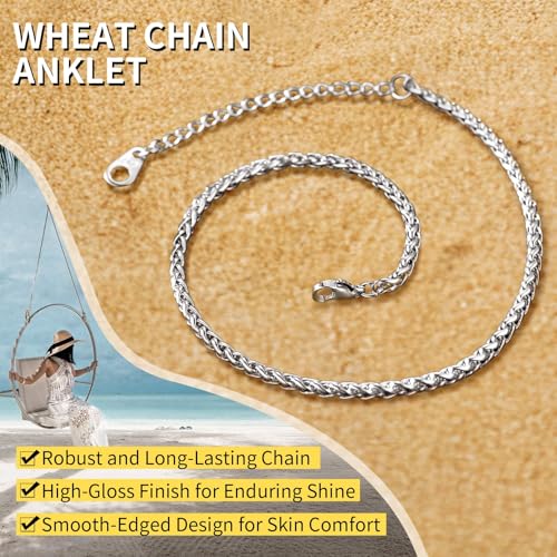 ChainsHouse Ankle Bracelets for Women, Stainless Steel Beaded Chain Ankle Bracelet, Womens Heart Anklets for Summer Beach Jewelry Gifts - color: O: wheat-3mm-stainless