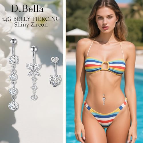 D.Bella Belly Rings for Women Belly Button Piercing Clicker Belly Button Ring Belly Button Rings Dangling 14G Surgical Steel CZ Butterfly Dangle Belly Piercing Jewelry Silver Rose Gold - color: B -silver